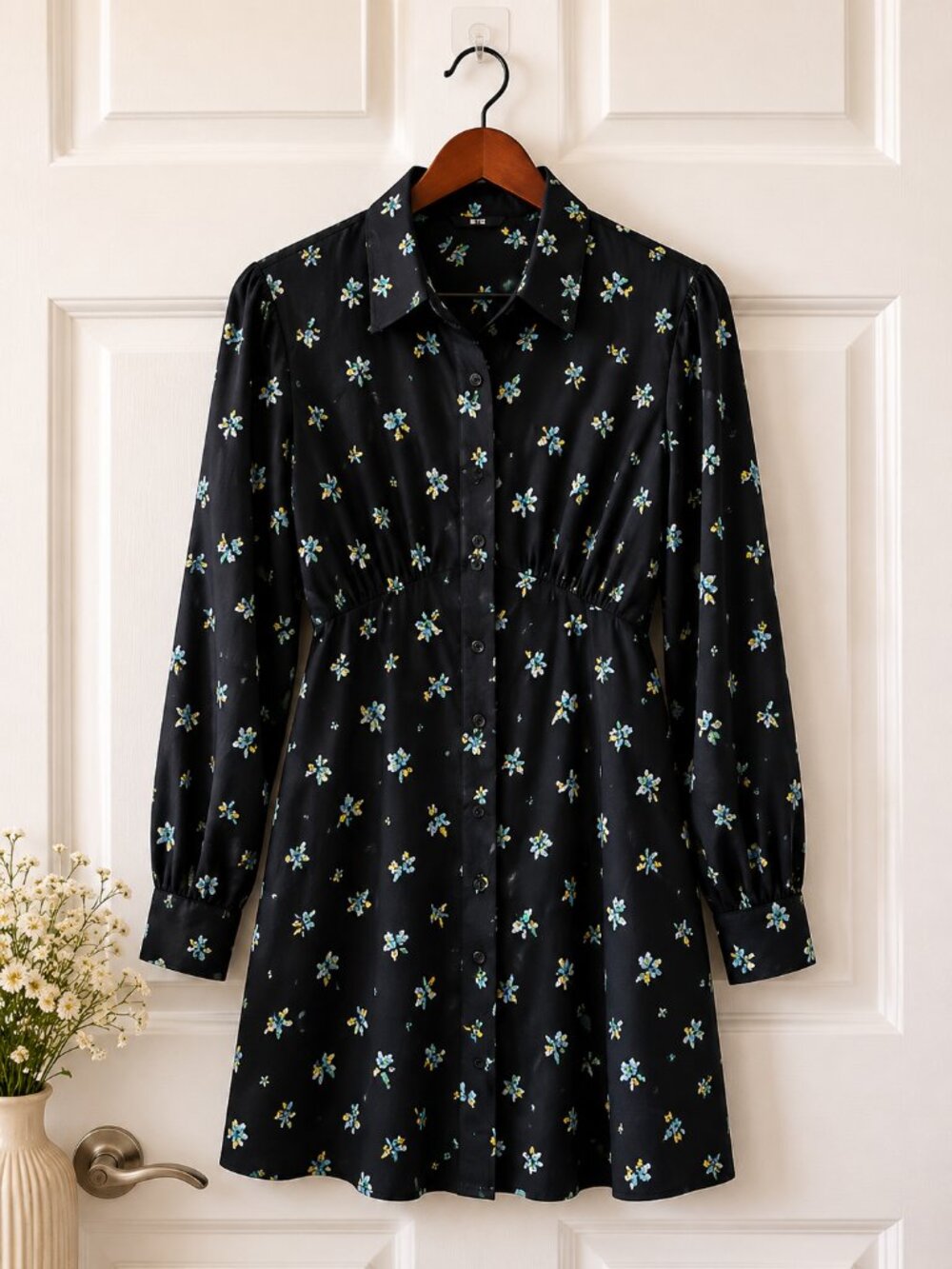 Uniqlo Floral Shirt Dress Black Mini Long Sleeve Button Front Cottagecore M